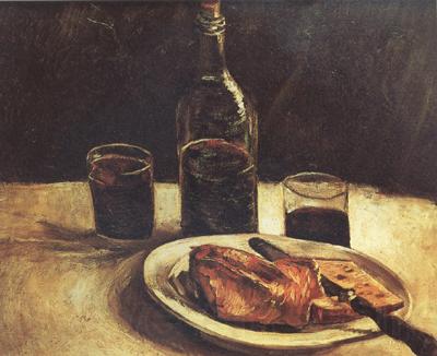 Vincent Van Gogh Still life with a Bottle,Two Glasses Cheese and Bread (nn04) France oil painting art